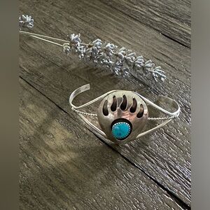 Navajo Sterling Silver Turquoise Bear Paw Bracelet